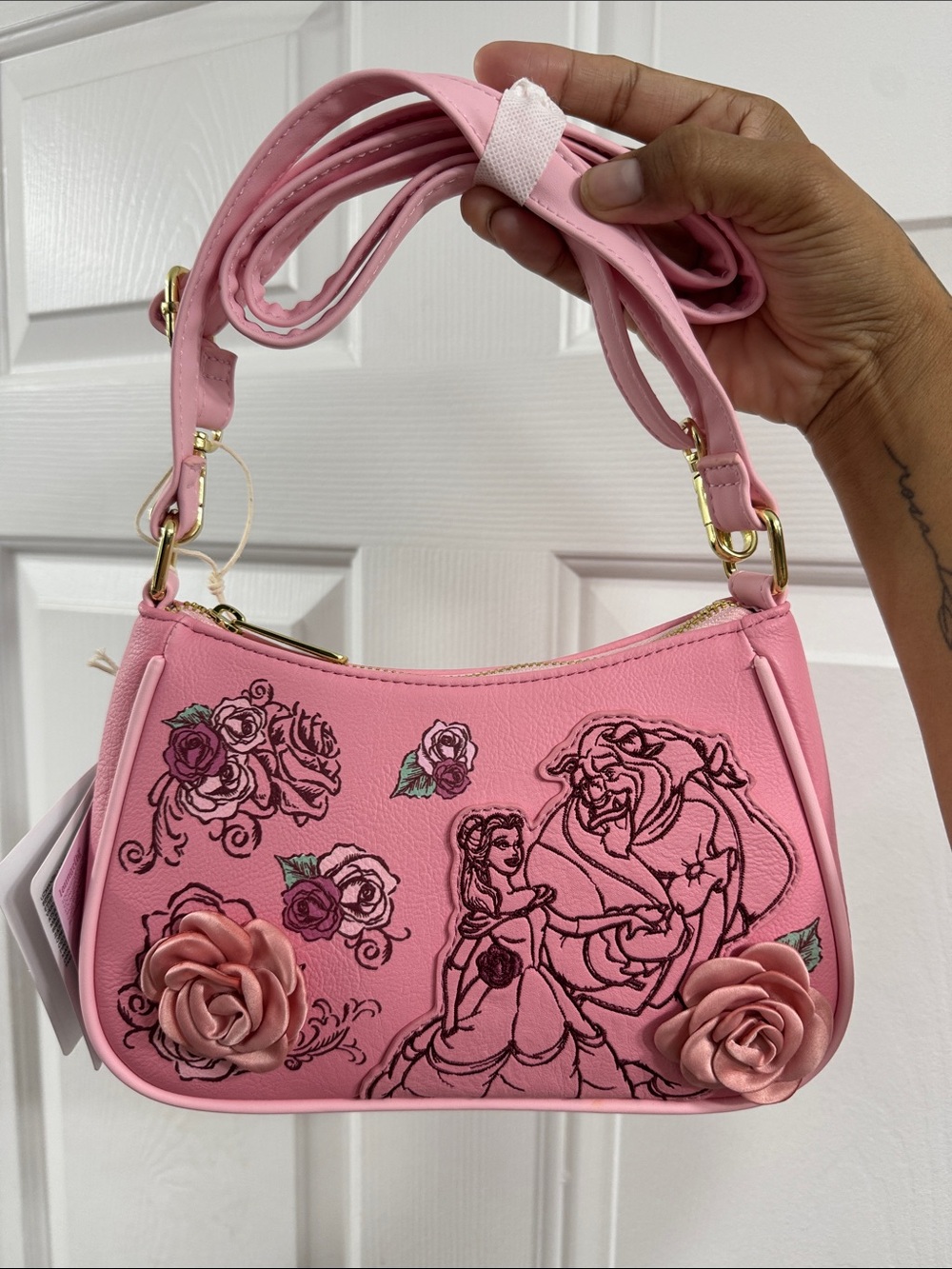 Loungefly Pink Beauty and the Beast 3D roses cross body Mini Shoulder Bag
